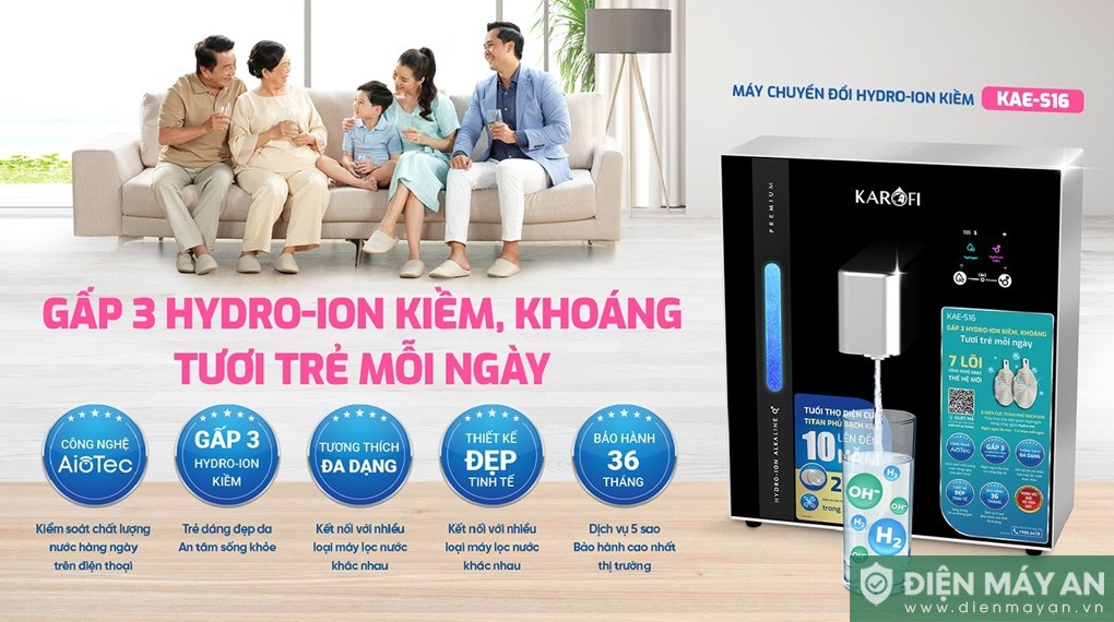 Máy chuyển đổi Hydro-ion kiềm Karofi KAE-S16 2 tấm điện cực